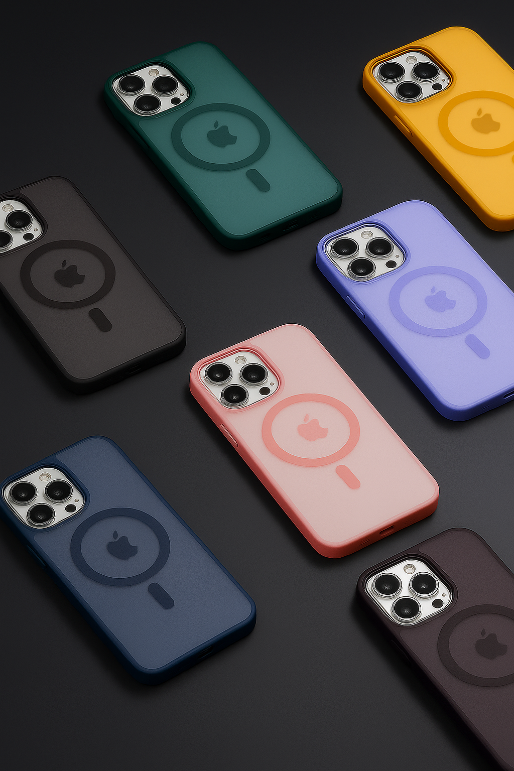 bybeaks phone cases with Apple logo on a dark background