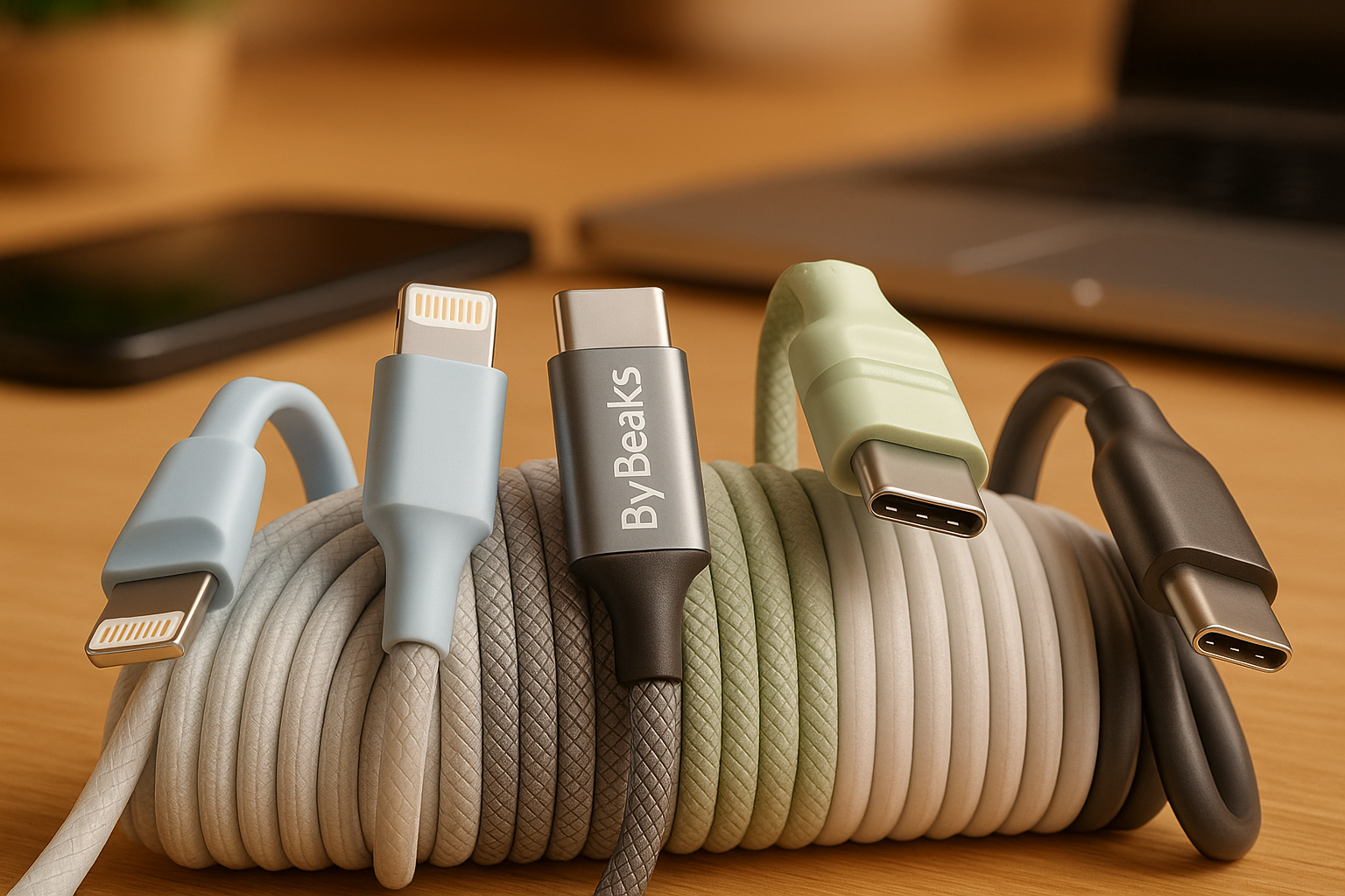 Set of ByBeaks cables on a wooden surface with a blurred background