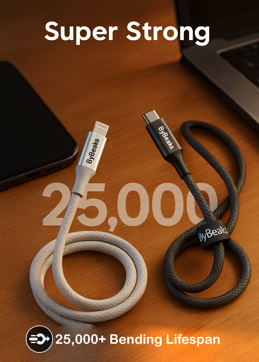 Durable mesh braided USB C cable by ByBeaks supporting 66W fast charging
