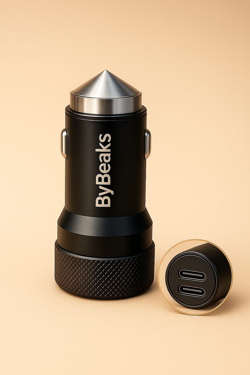 yBeaks Dual USB-C Charger with aluminum finish for stylish car interior