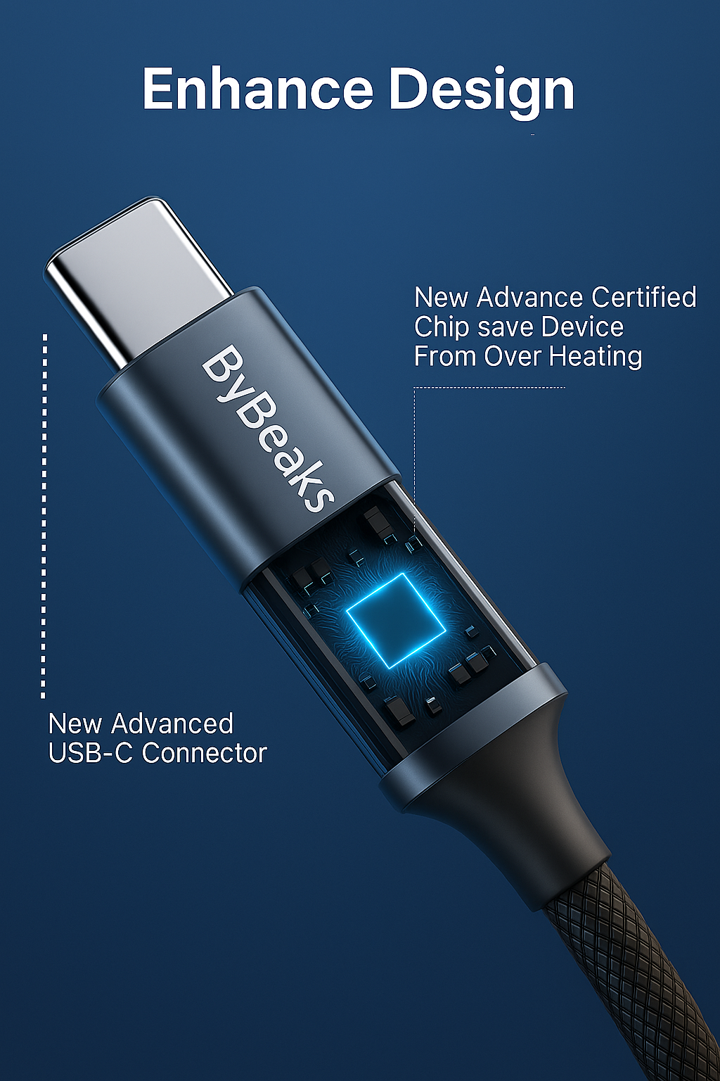 Durable mesh braided USB C cable by ByBeaks supporting 66W fast charging