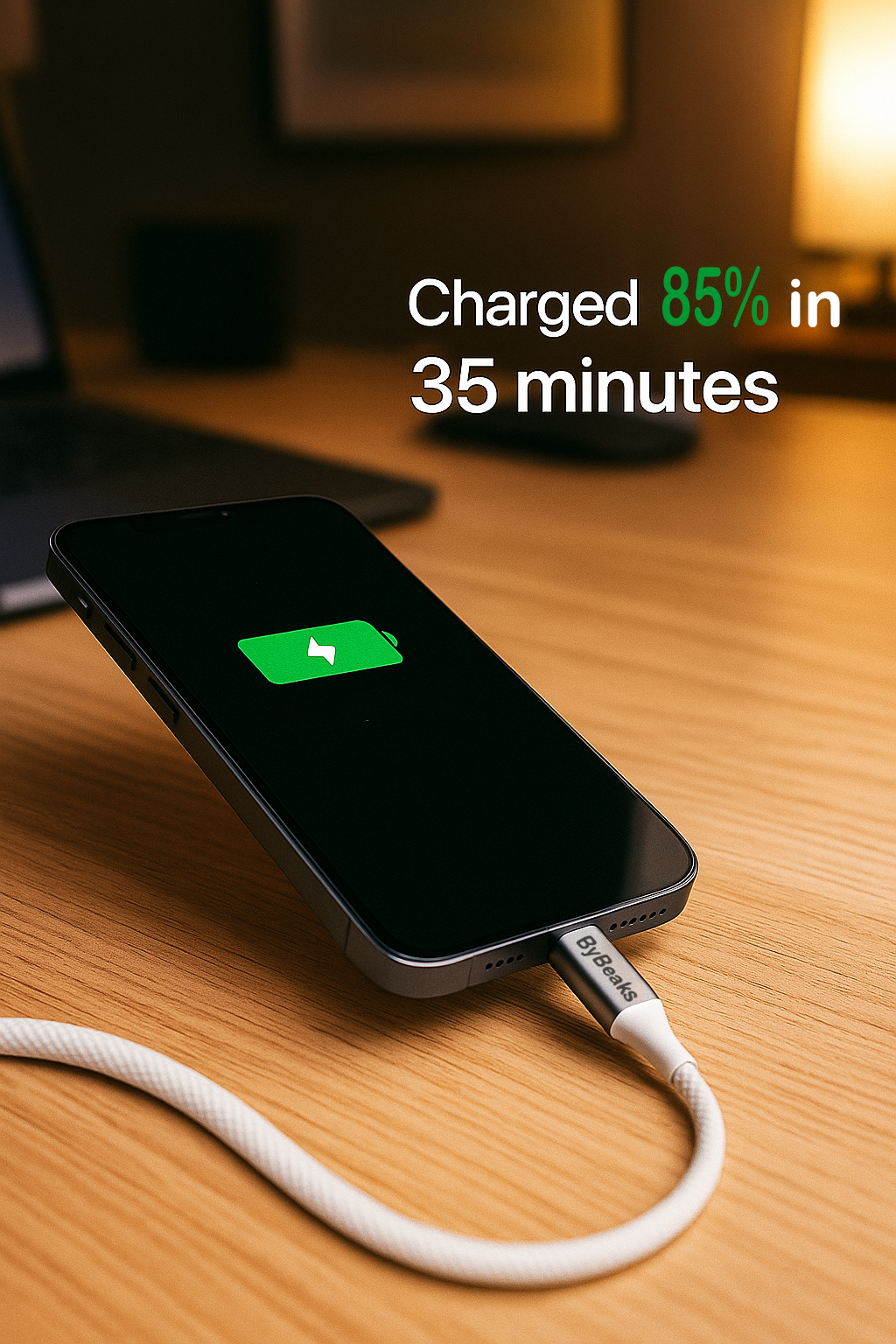 Durable mesh braided USB C cable by ByBeaks supporting 66W fast charging