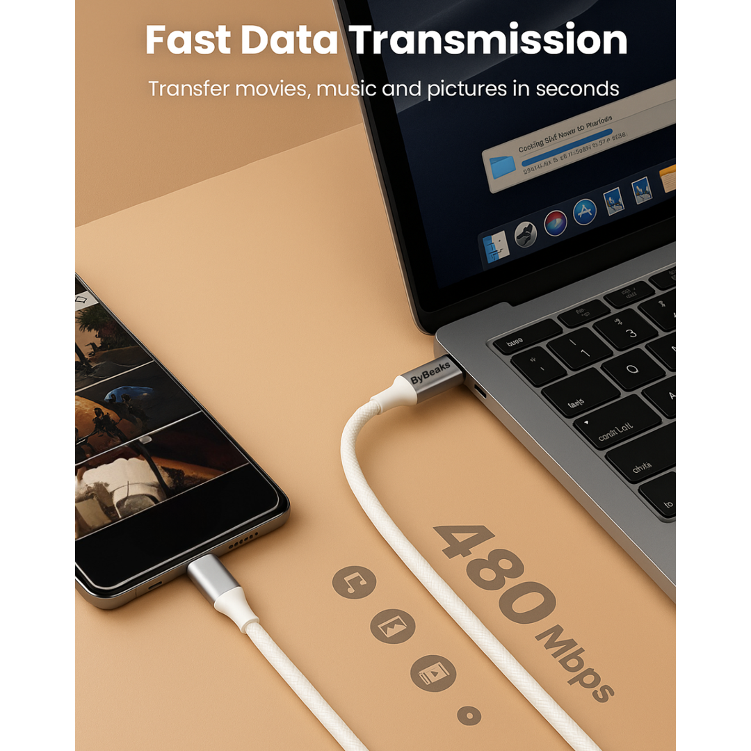 ByBeaks 66w USB-C Power Delivery Cable (Pack of 2) (Multicolor Black + White Cables)
