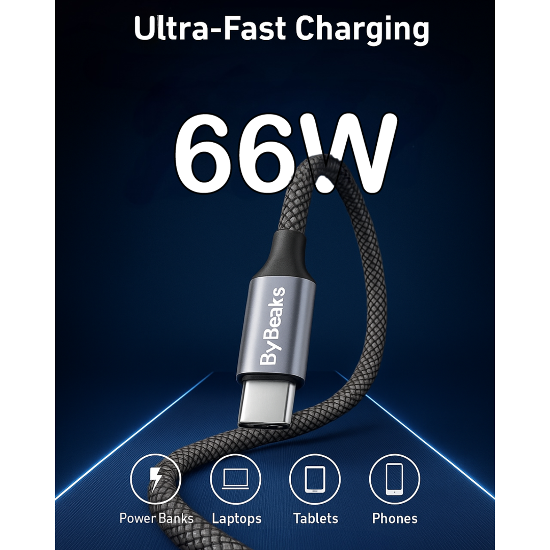 ByBeaks 66w USB-C Power Delivery Cable (Pack of 2) (Multicolor Black + White Cables)
